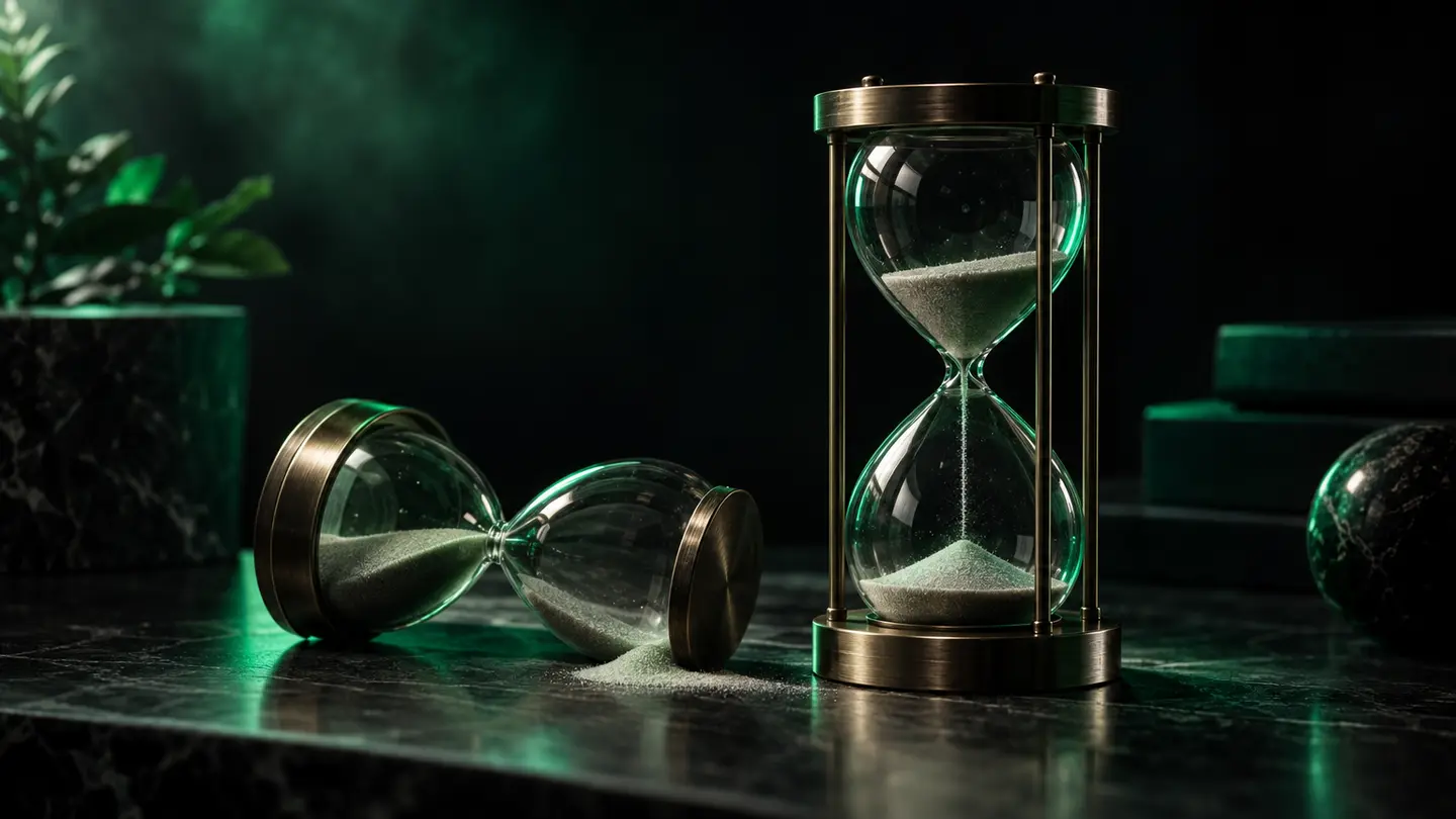 Two hourglasses in emerald light.