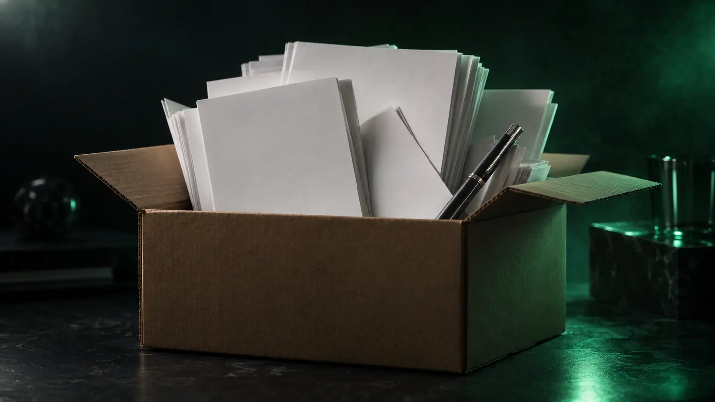 An open box of blank practice sheets in emerald light.
