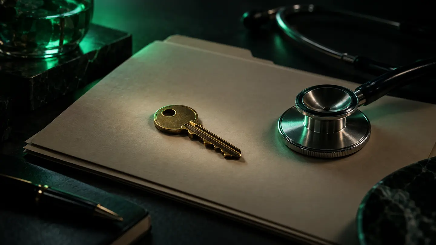 A brass key and stethoscope head in emerald light.