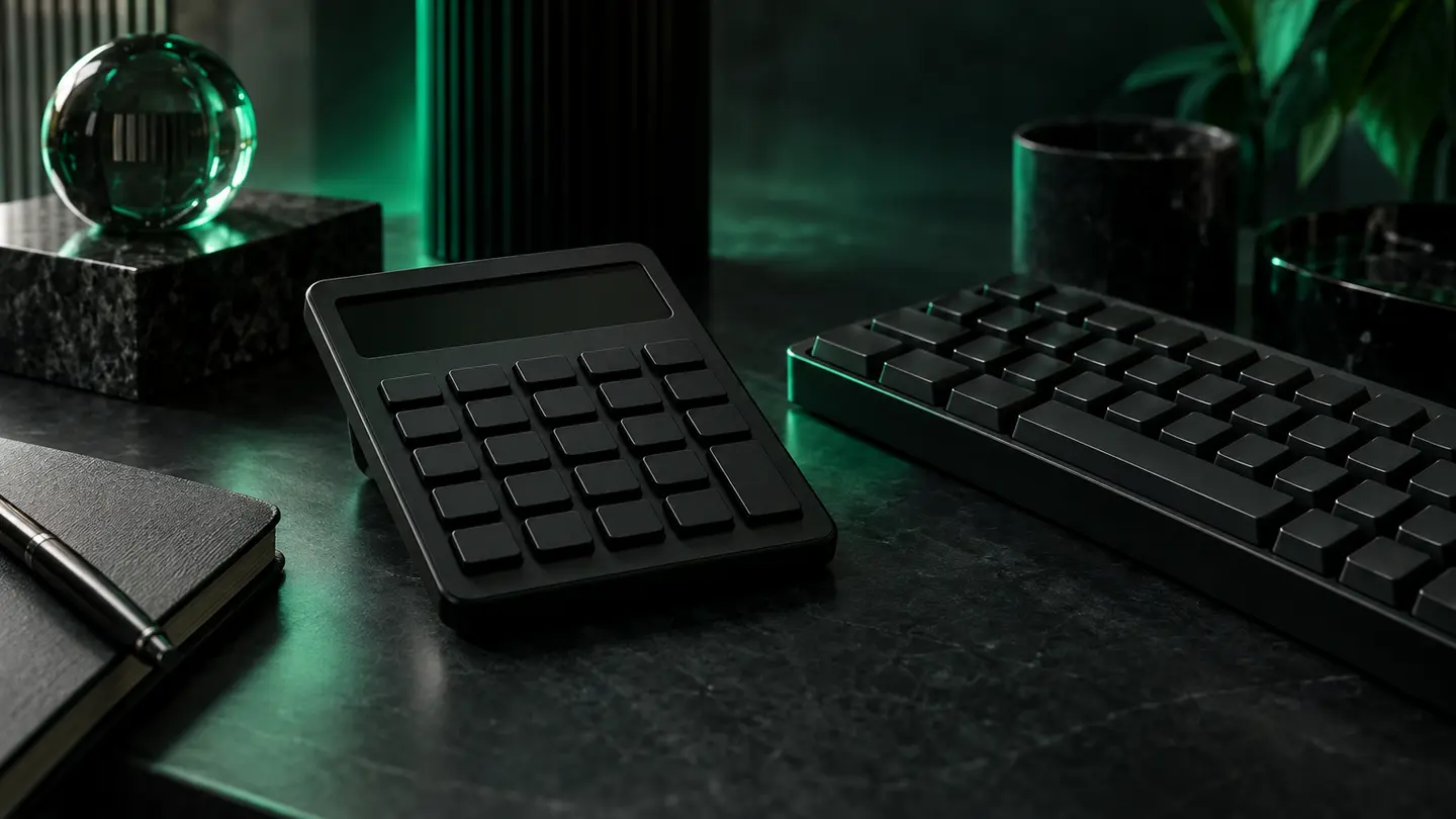 A calculator and keyboard in emerald light.