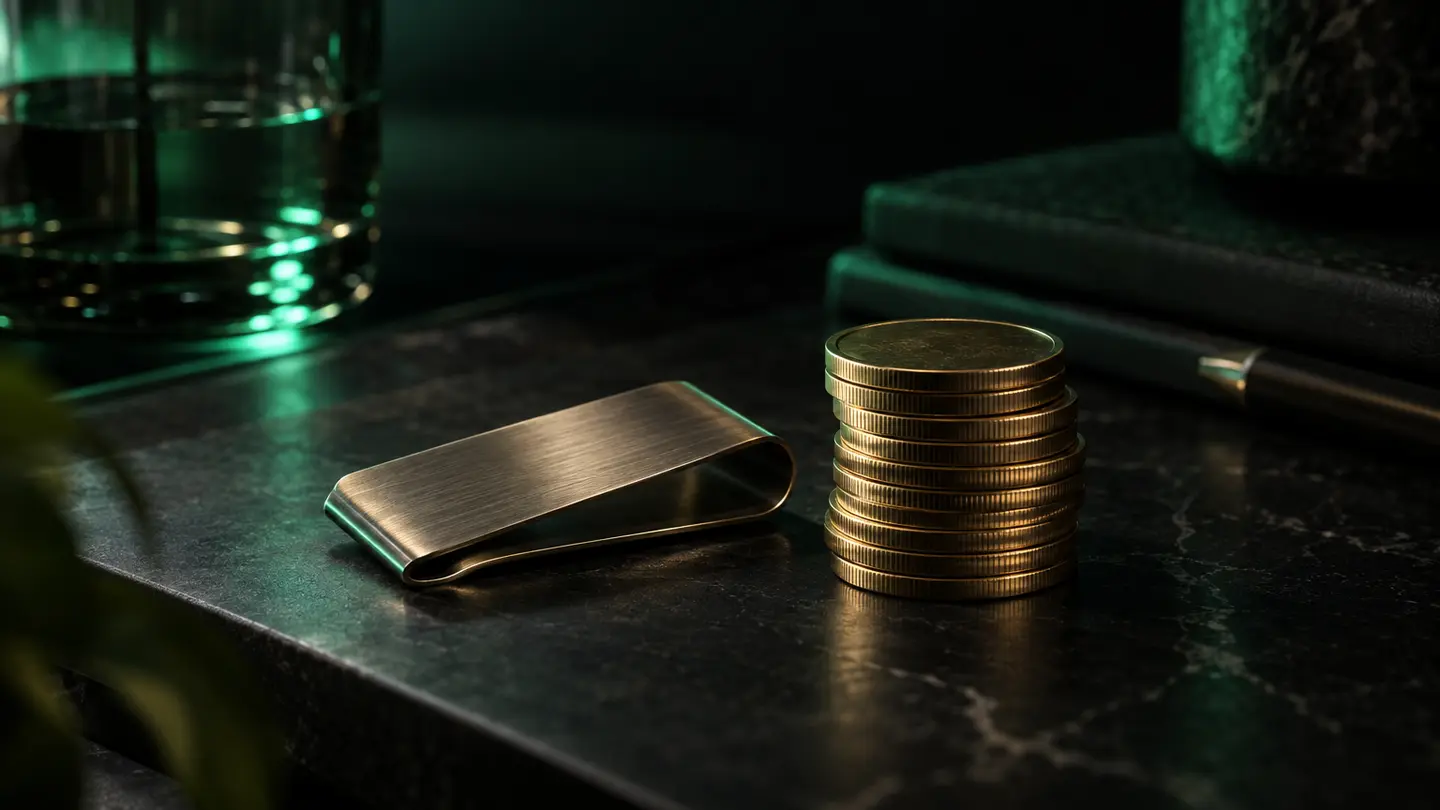 A stack of coins in emerald light.