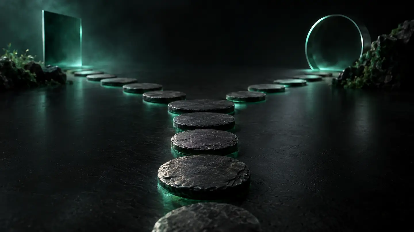 Stepping stones splitting into two paths in emerald light.