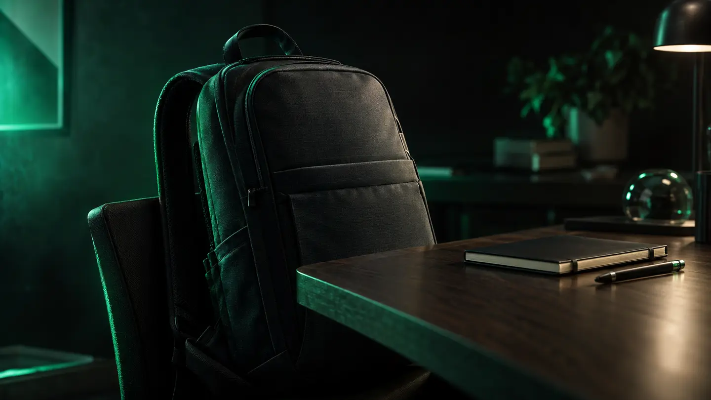 A backpack and notebook in emerald light.