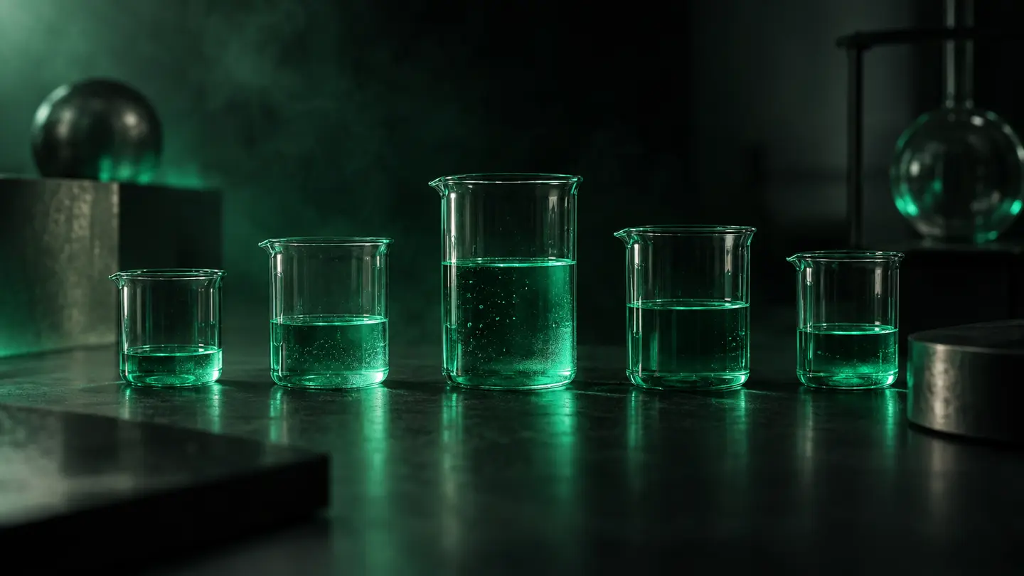 Five glass beakers at different levels in emerald green light.
