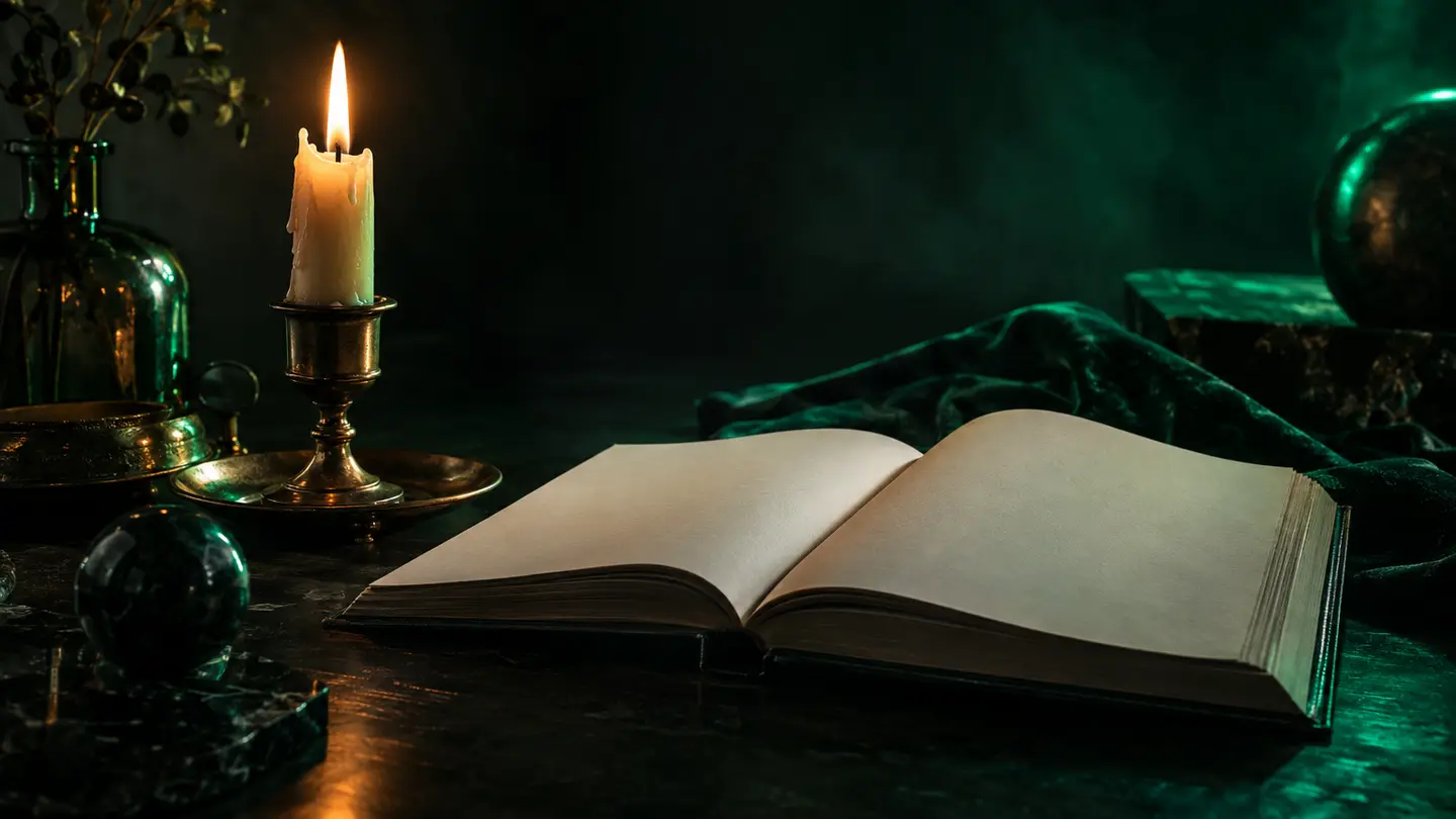A half-burnt candle beside an open book in emerald green light.