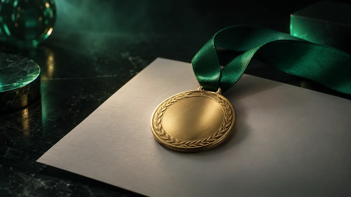 A medal on paper in emerald light.