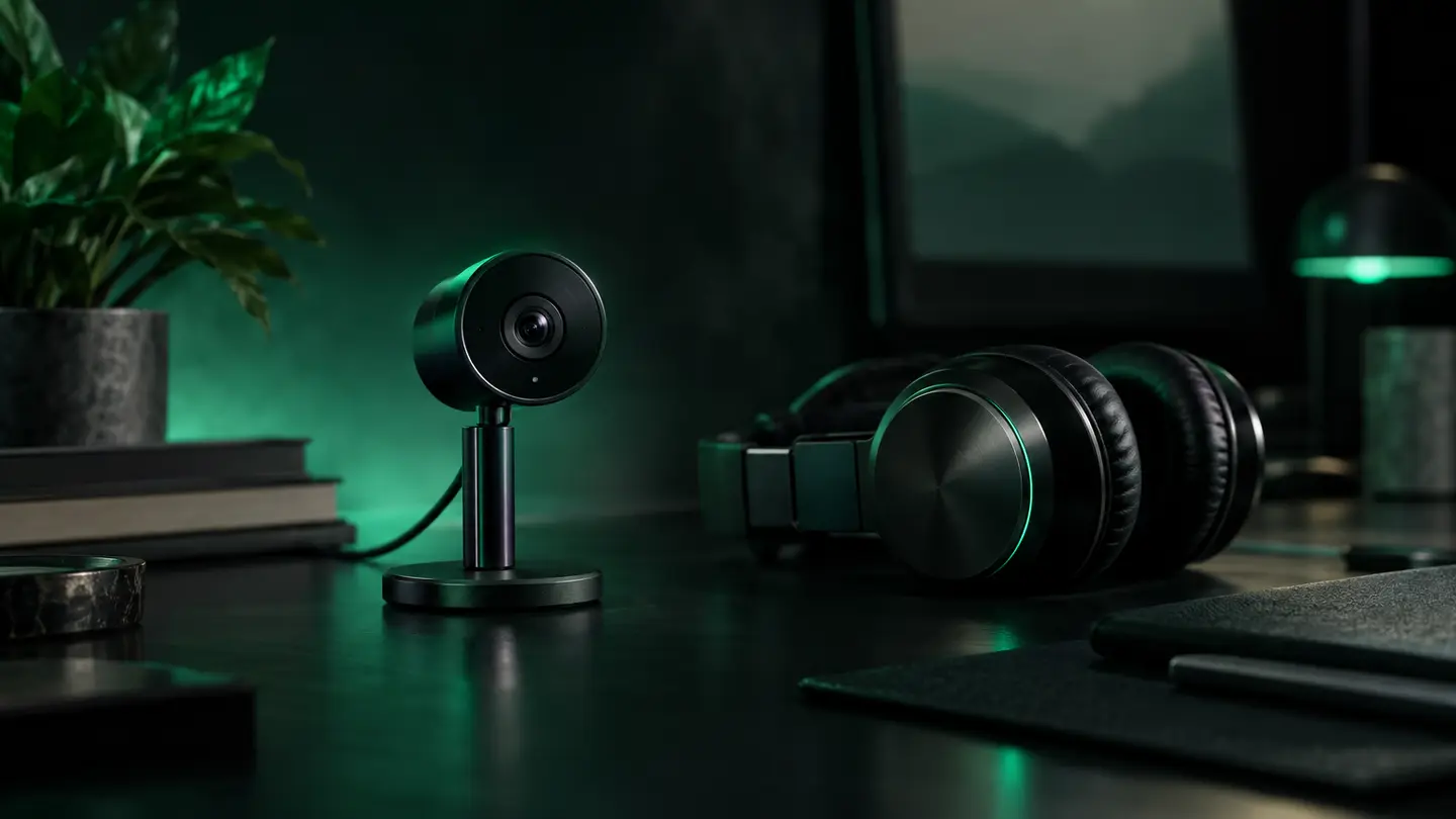 A webcam and headset on a desk in emerald green light.