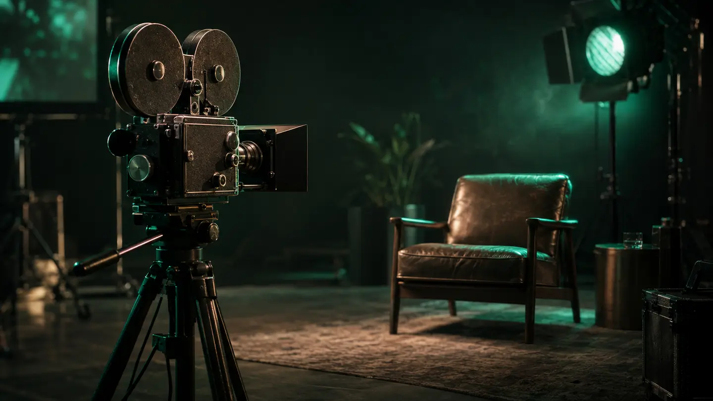 A video camera aimed at an empty chair in emerald green light.