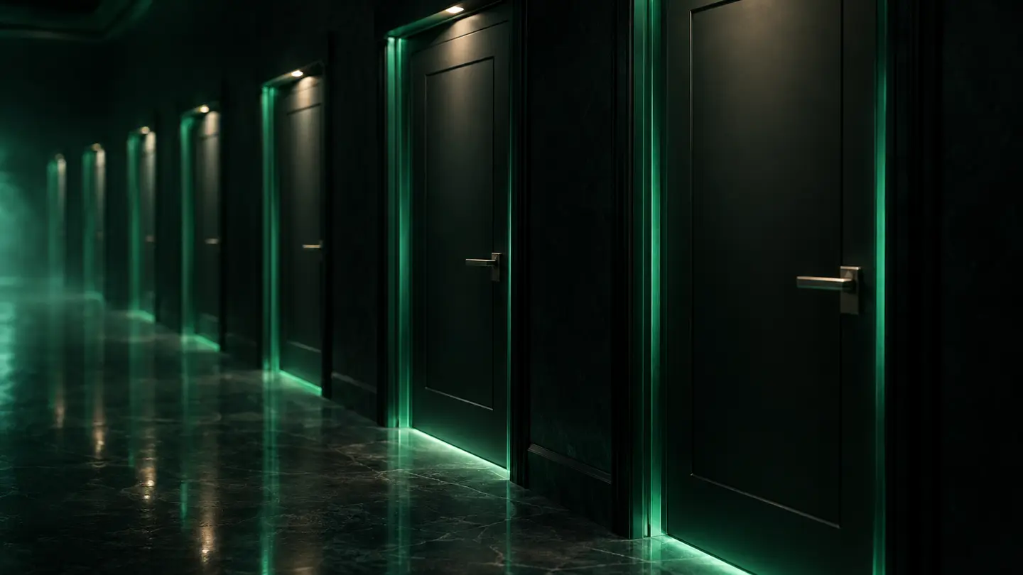 A corridor of identical closed doors in emerald green light.