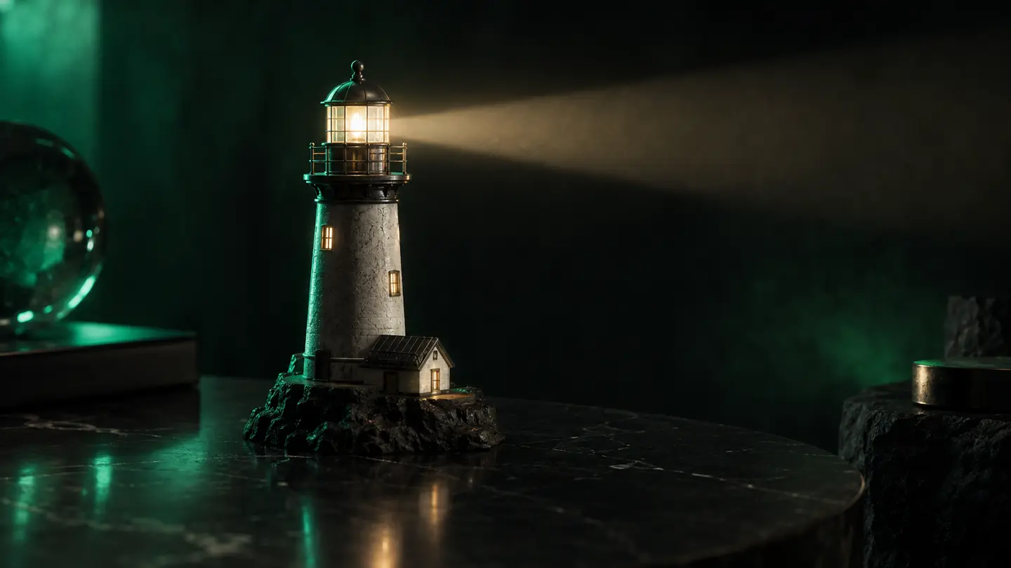A model lighthouse with a beam of light in emerald green light.