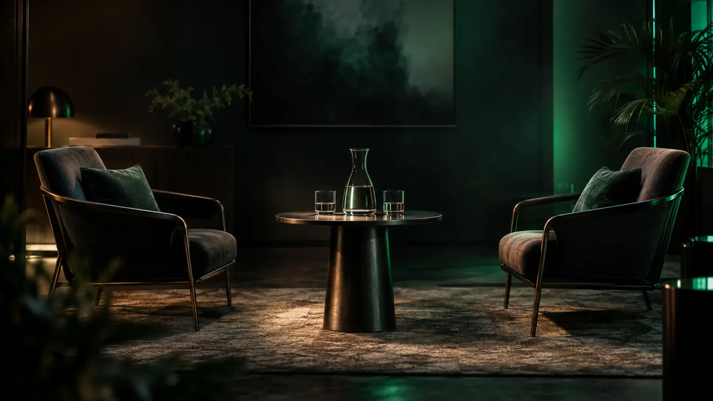 Two empty chairs at a small table in emerald light.