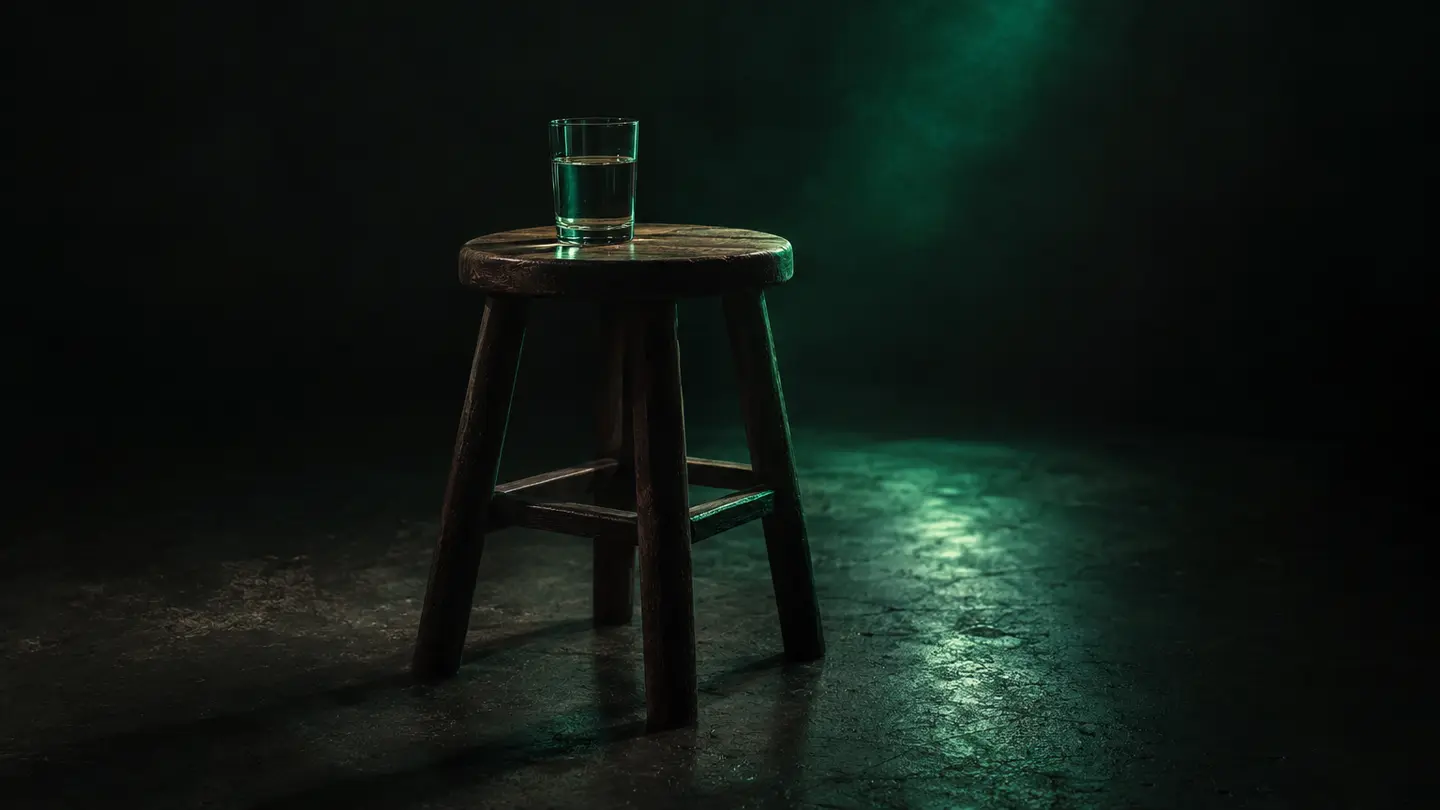 A wooden stool and glass of water in emerald green light.