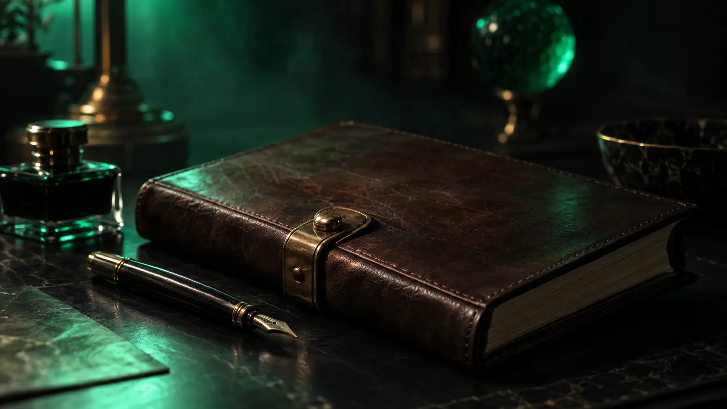 A leather ledger and ink pen in emerald green light.