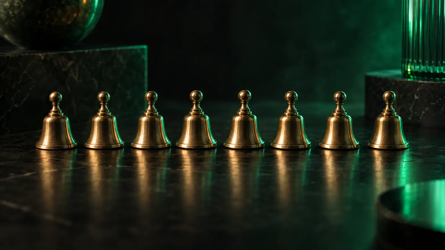 Eight small brass bells in a row in emerald green light.