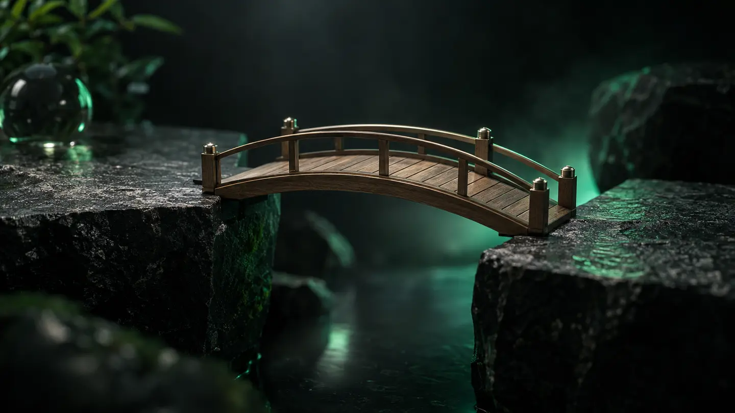 A miniature wooden footbridge in emerald green light.