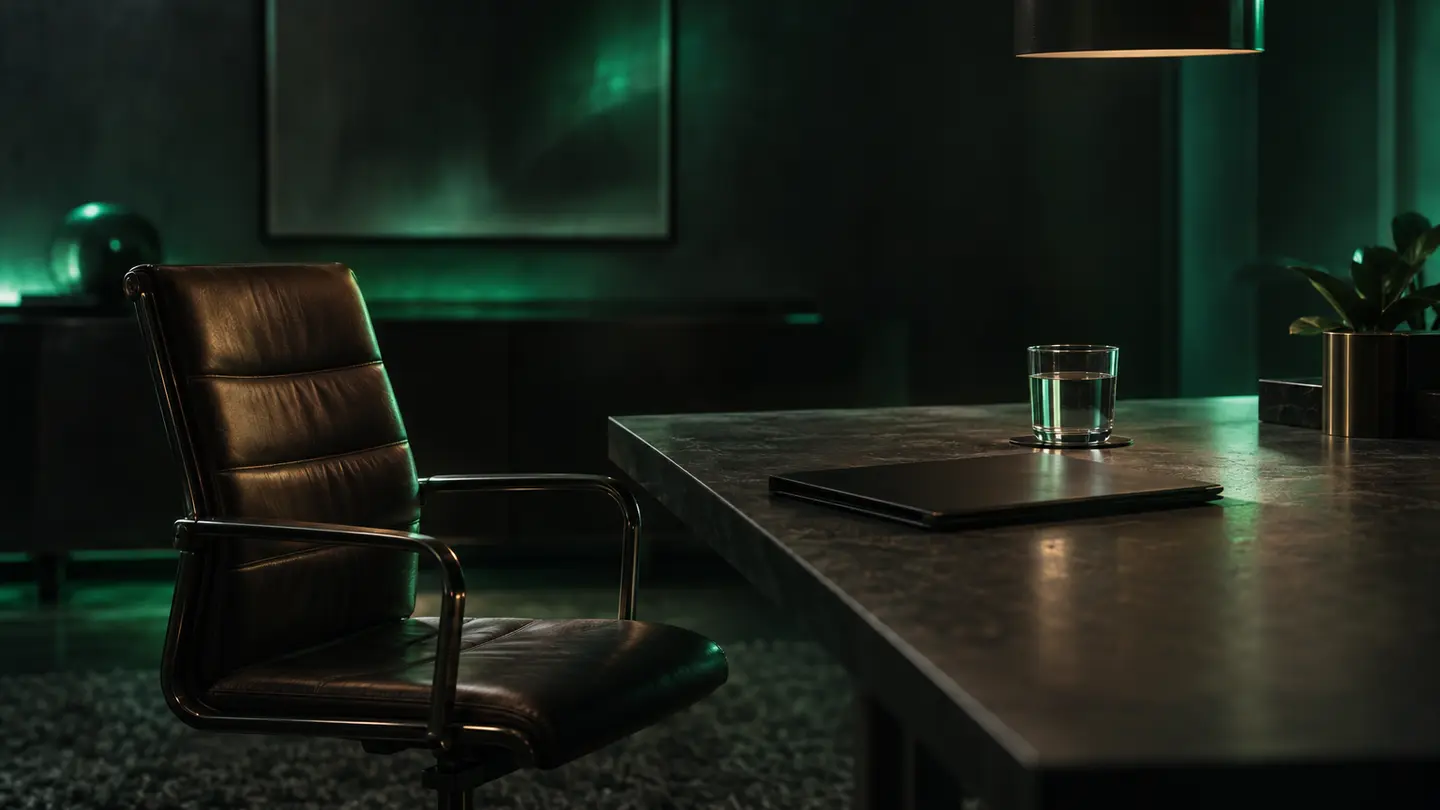 An empty chair and table ready for an interview, lit in emerald.