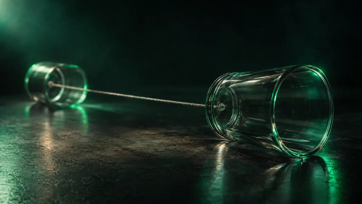 Two glass cups joined by a thread in emerald green light.