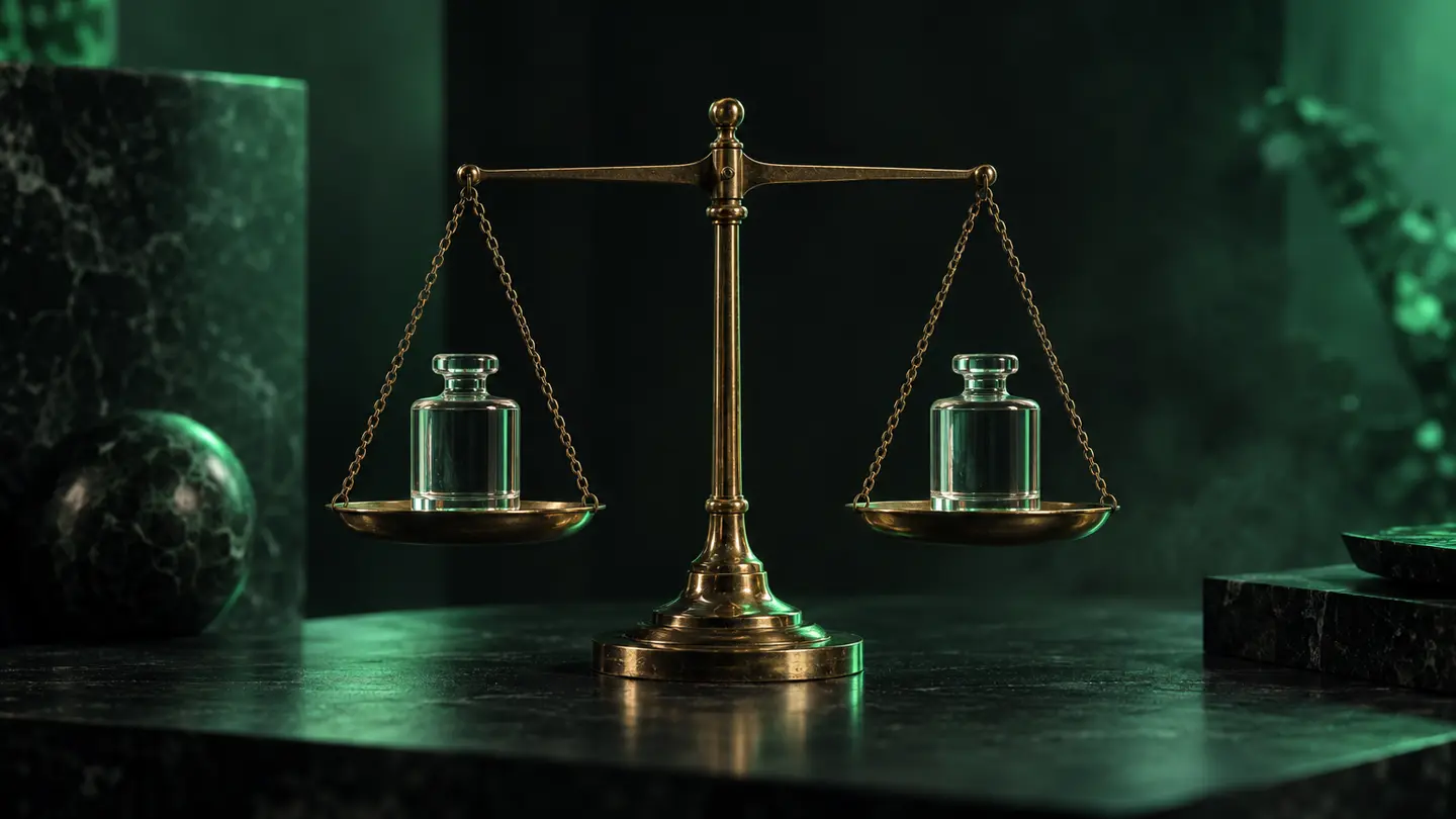 A brass balance scale in emerald light.