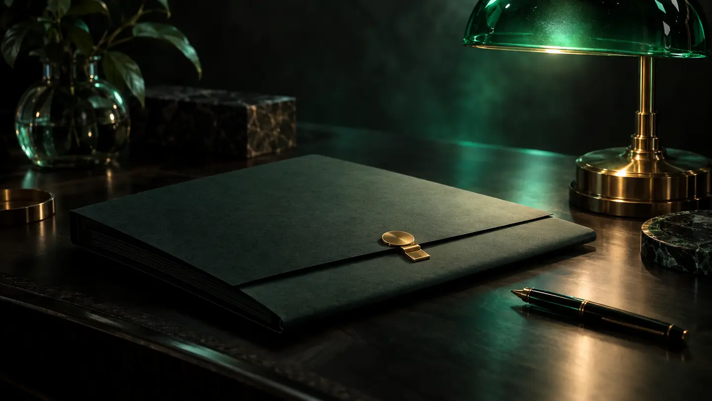 A folder, lamp and pen in emerald light.