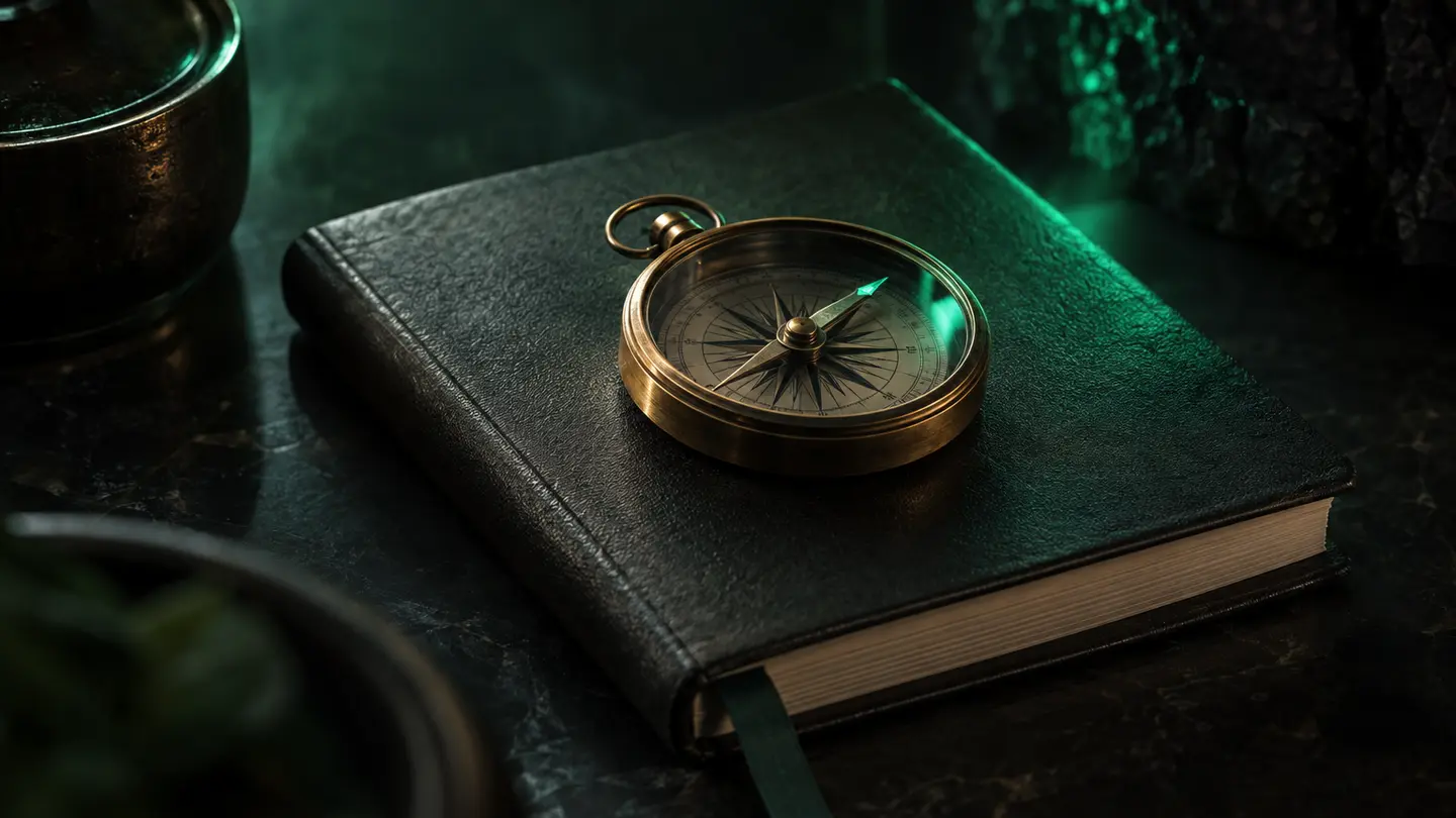 A brass compass on a notebook in emerald light.