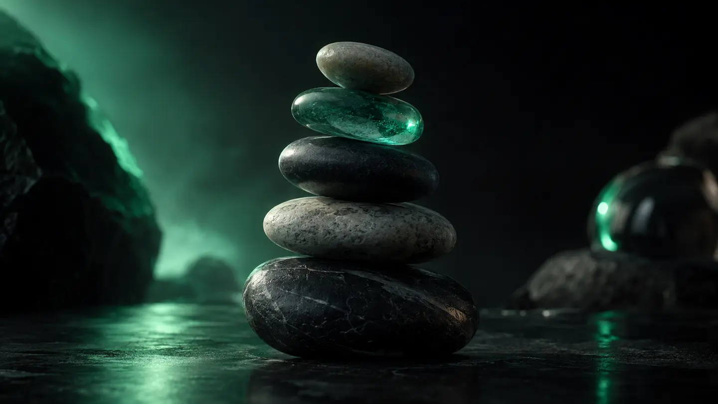 Balanced stones in emerald light.