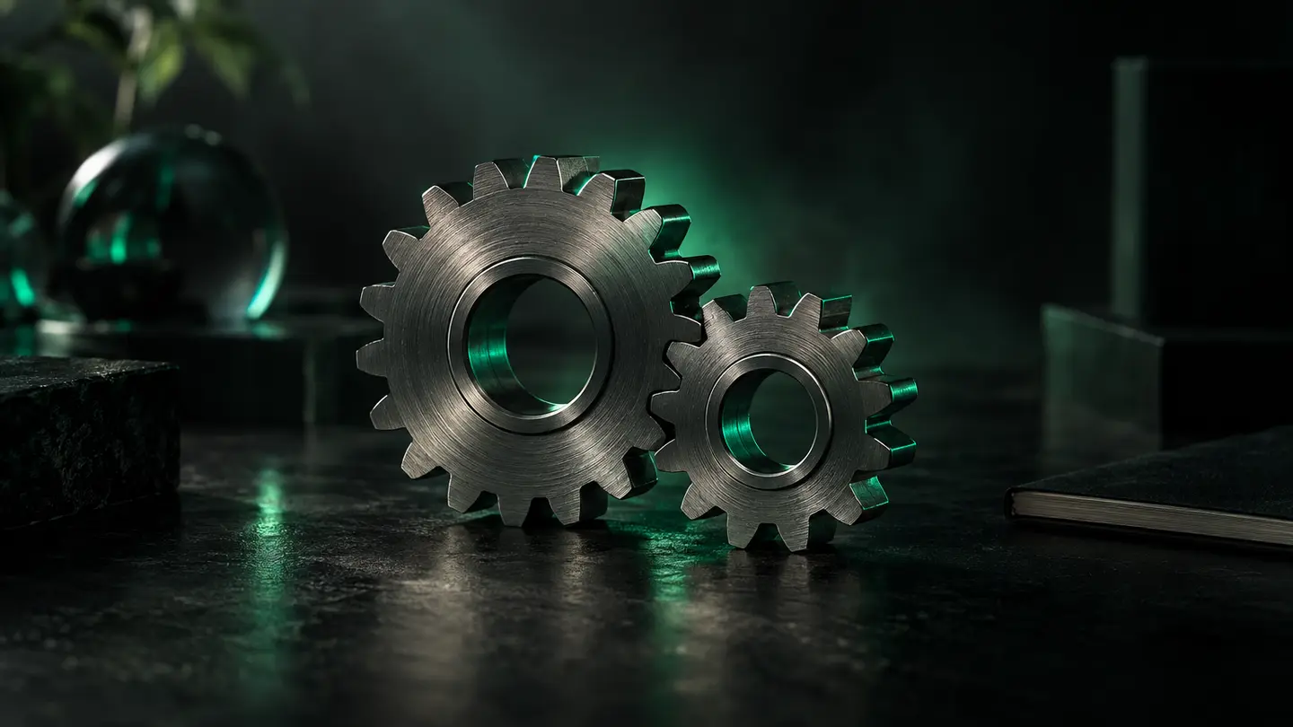 Two interlocking gears in emerald light.