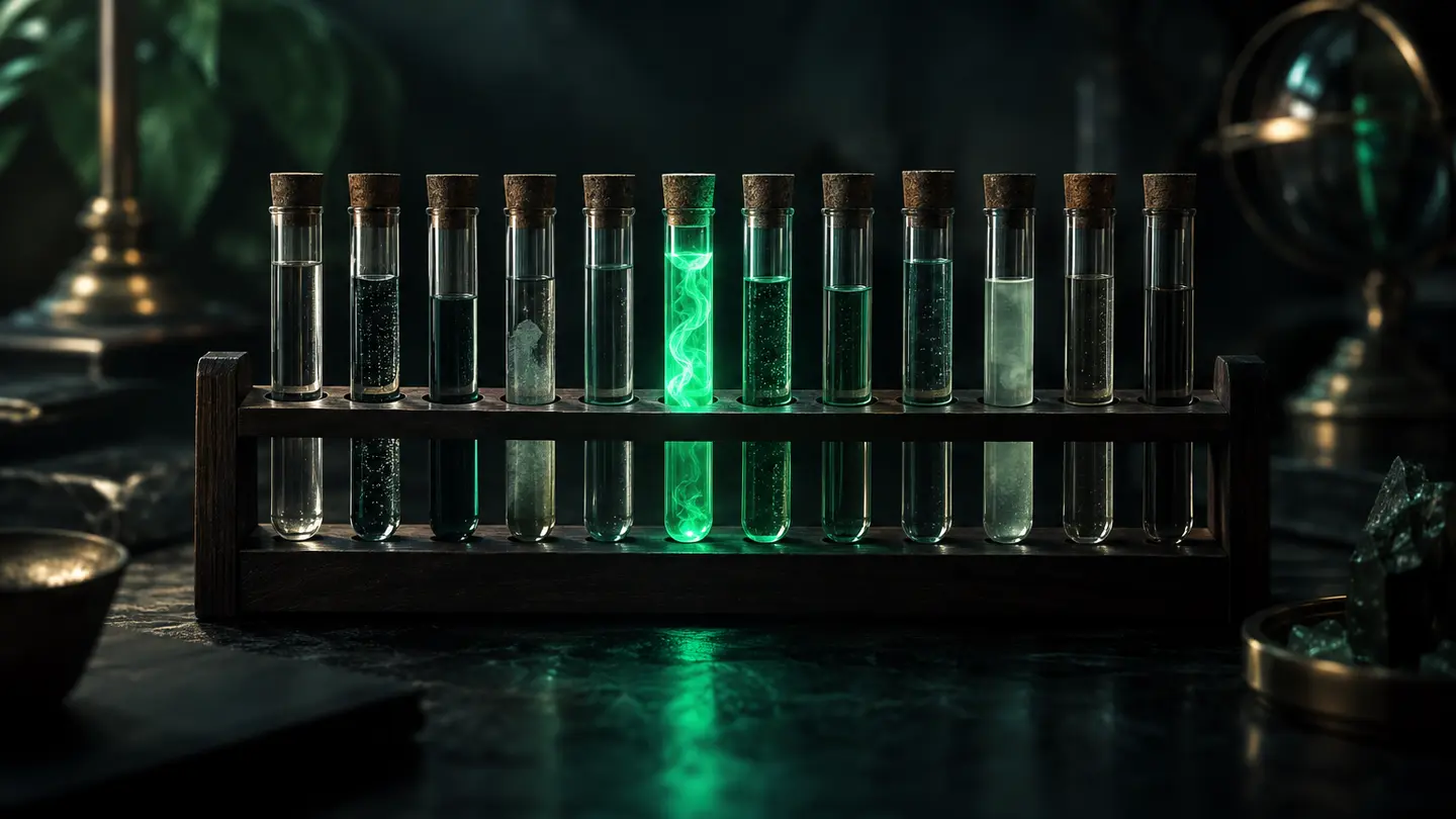Twelve test tubes, one glowing in emerald green light.