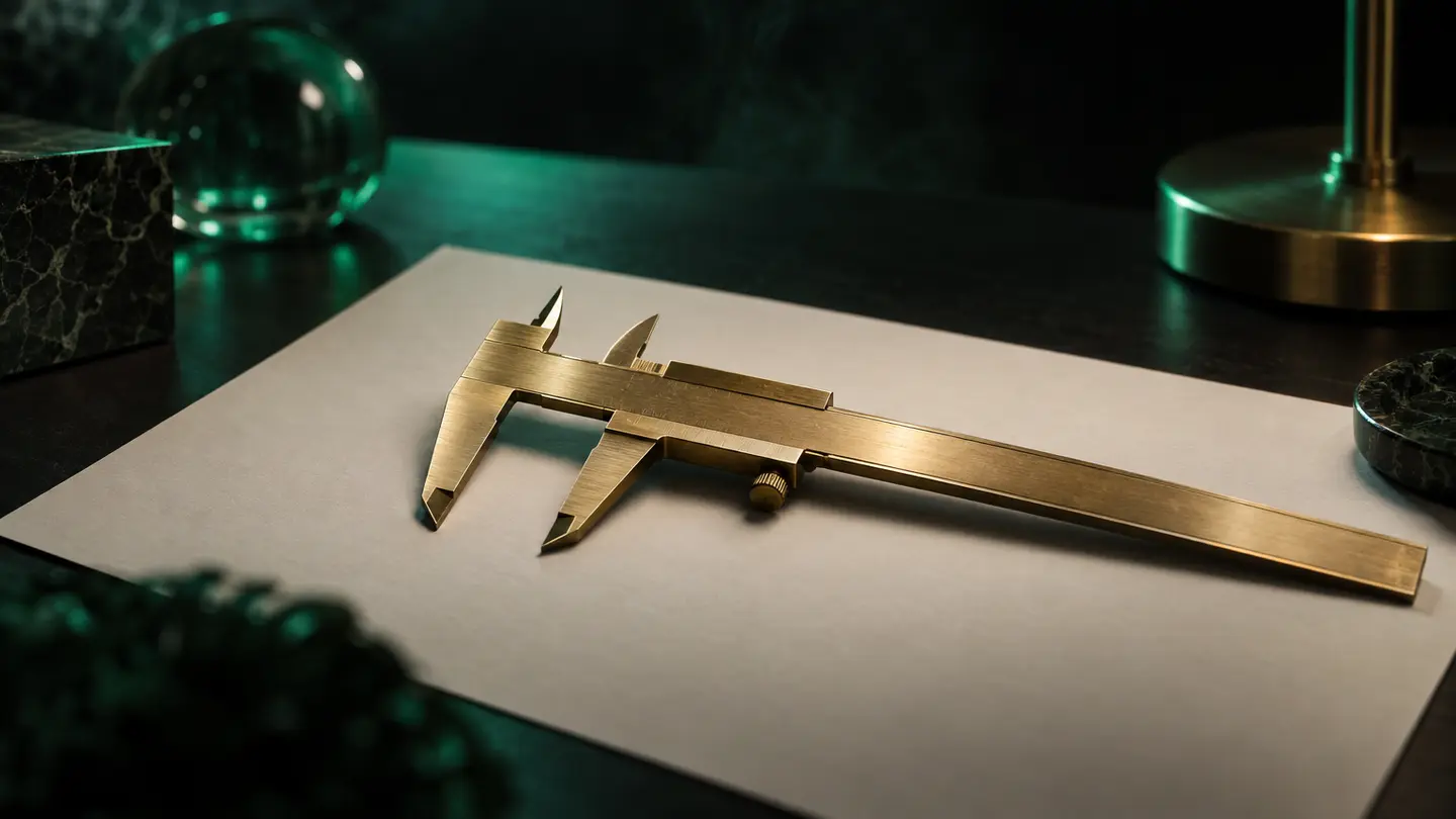 A brass calliper on a sheet of paper in emerald green light.