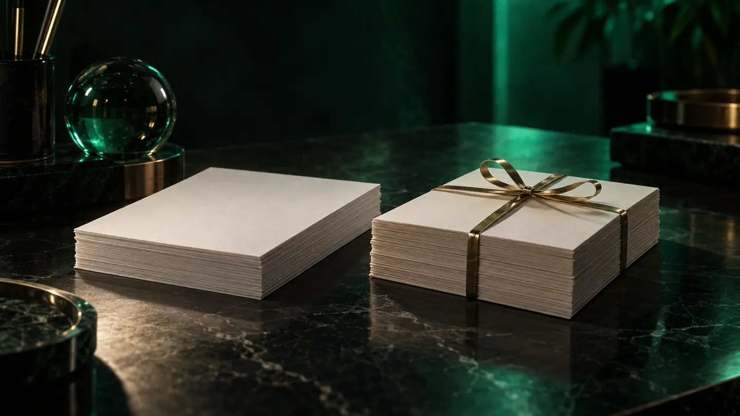 Two stacks of papers, one tied with ribbon, in emerald light.