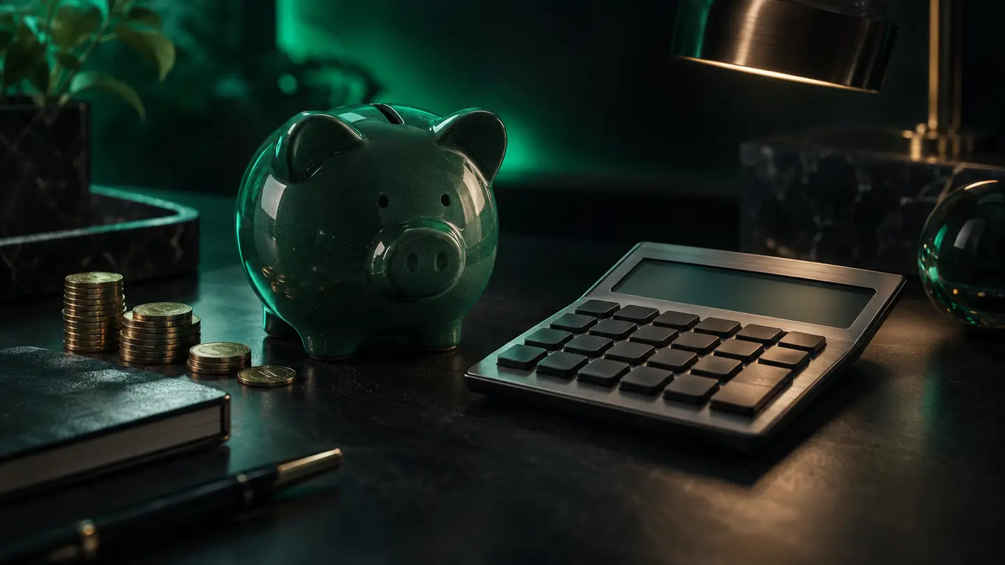 A coin jar beside a calculator in emerald green light.