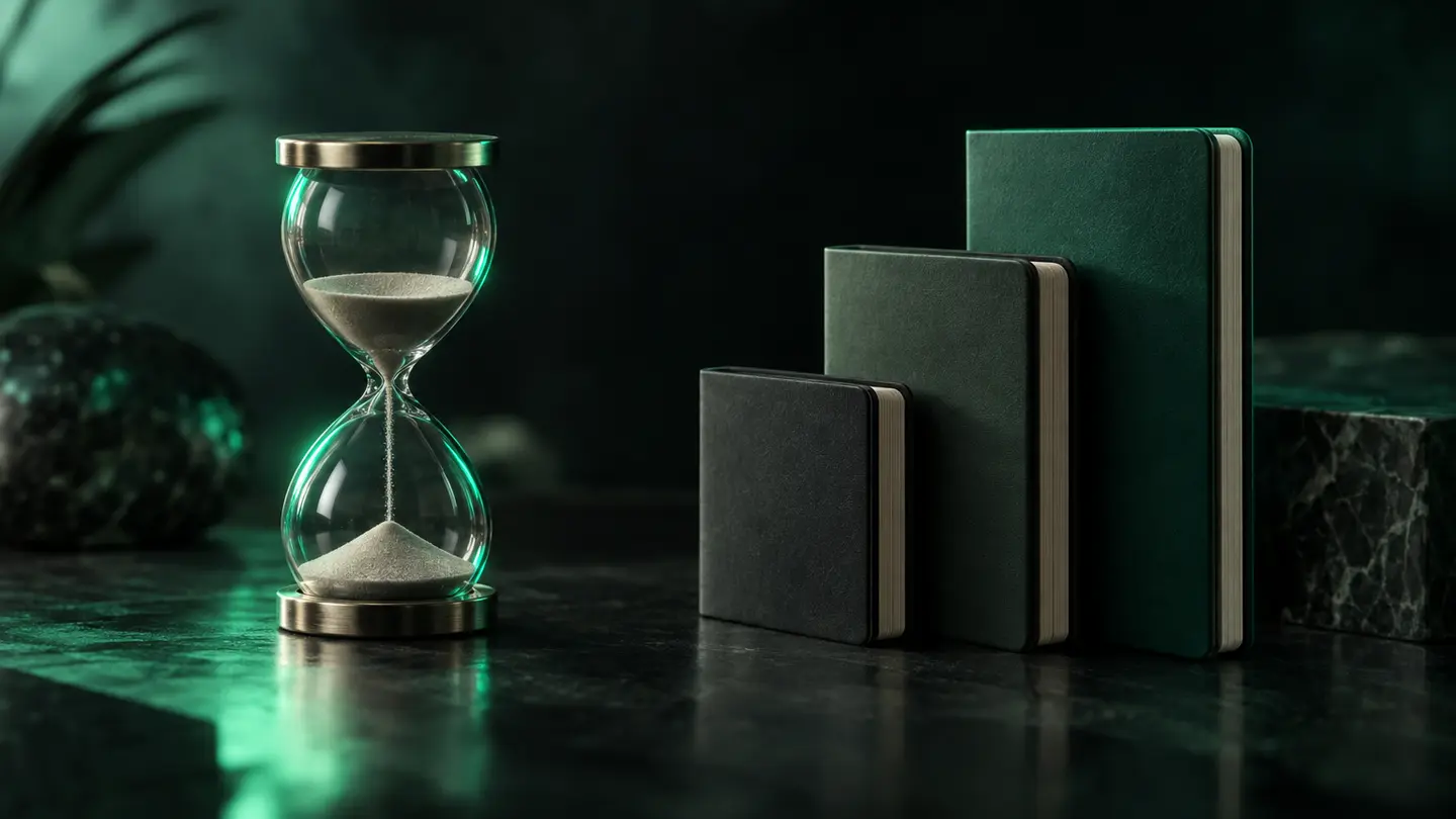 An hourglass beside three stacked notebooks in emerald light.